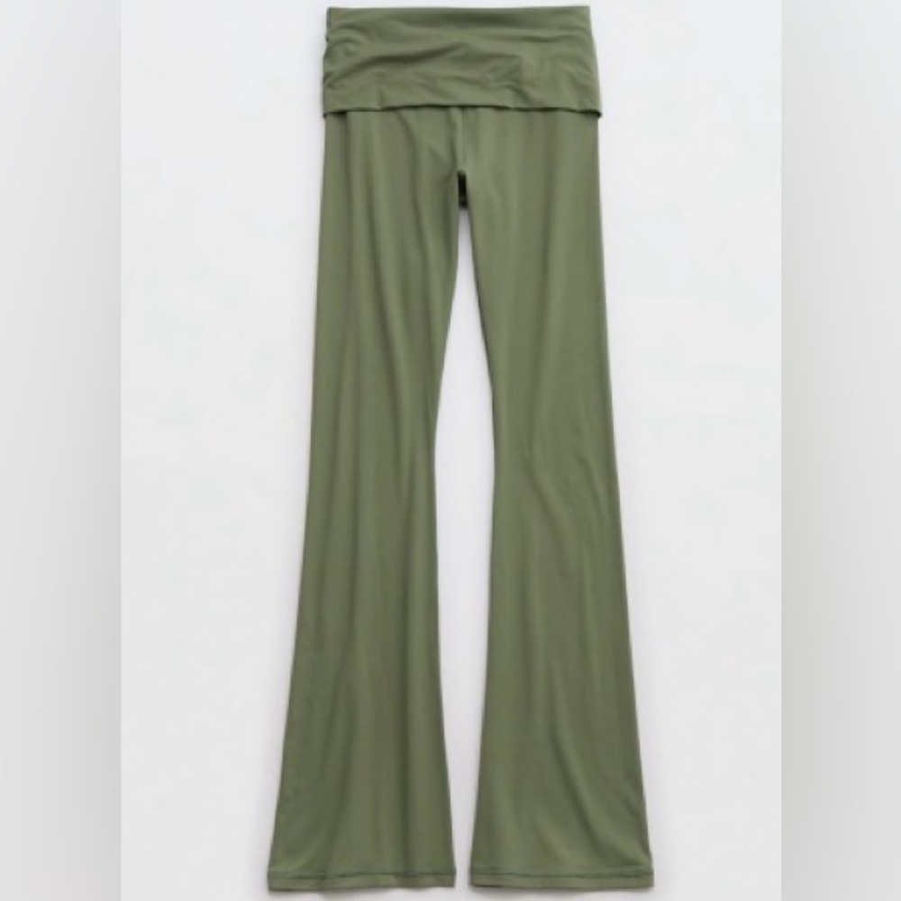 Olive Green Flared Pants OFFLINE by Aerie Real Me Xtra fold over bootcut legging